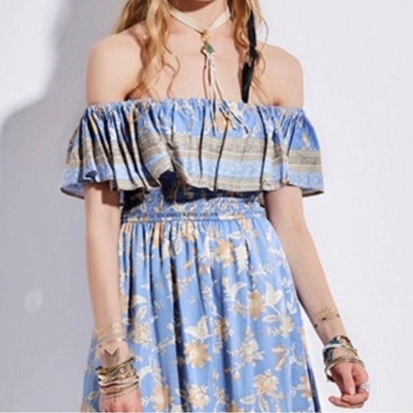 Ruffled Off-The-Shoulder Blue Border Floral Print Dress Women’s Multi Sizes NWT - Picture 3 of 10